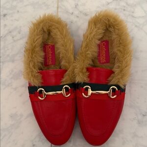 Catherine Malandrino Red Faux-Fur Trim Horsebit Mules size 8 women's